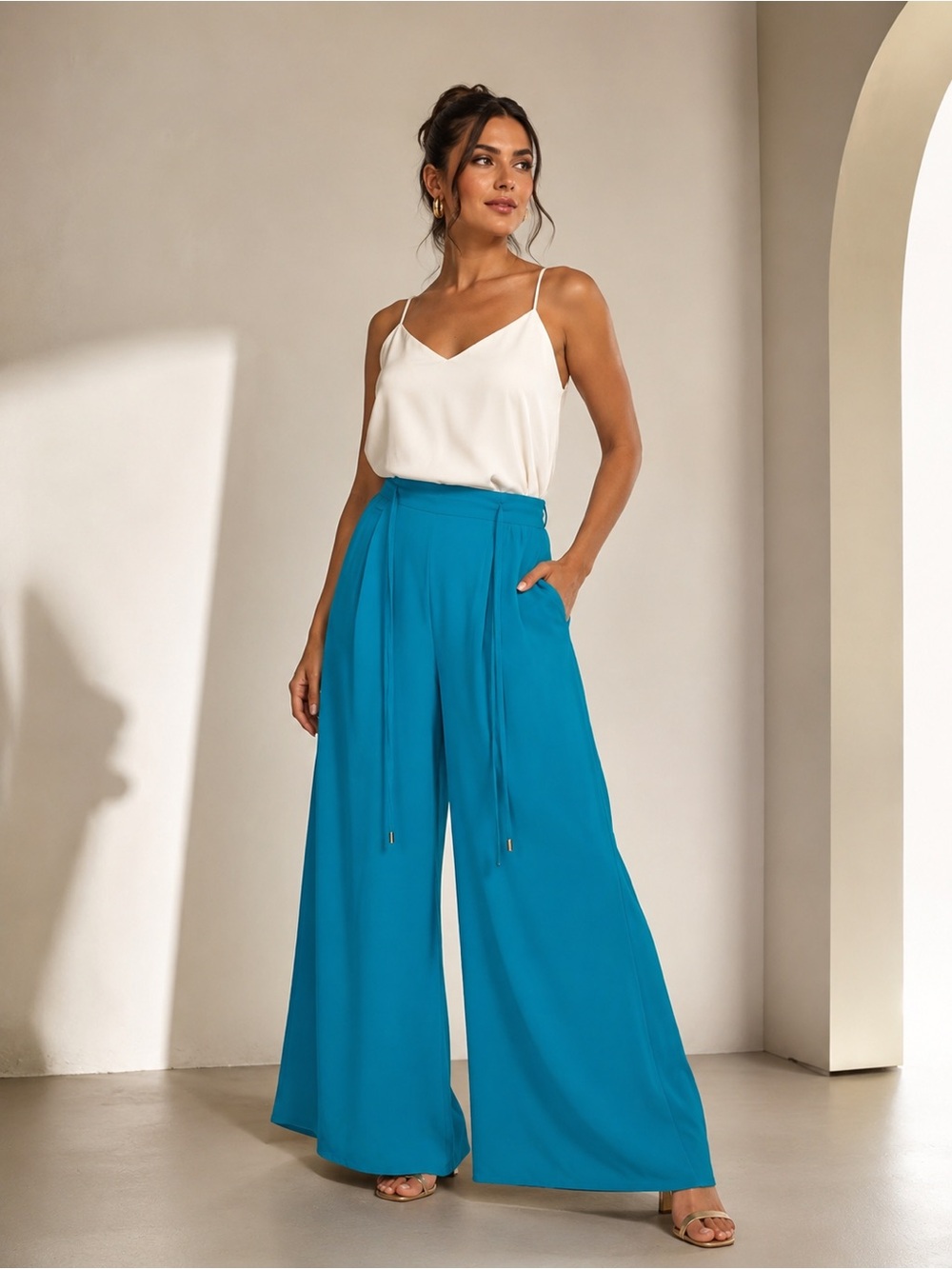 High-Rise Wide-Leg Drawstring Pants in Teal Blue